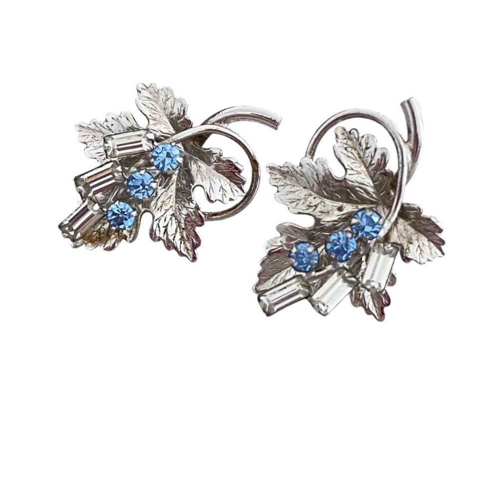 Vintage Signed CARL ART Sterling & Rhinestones Maple Leaves Screw back earrings